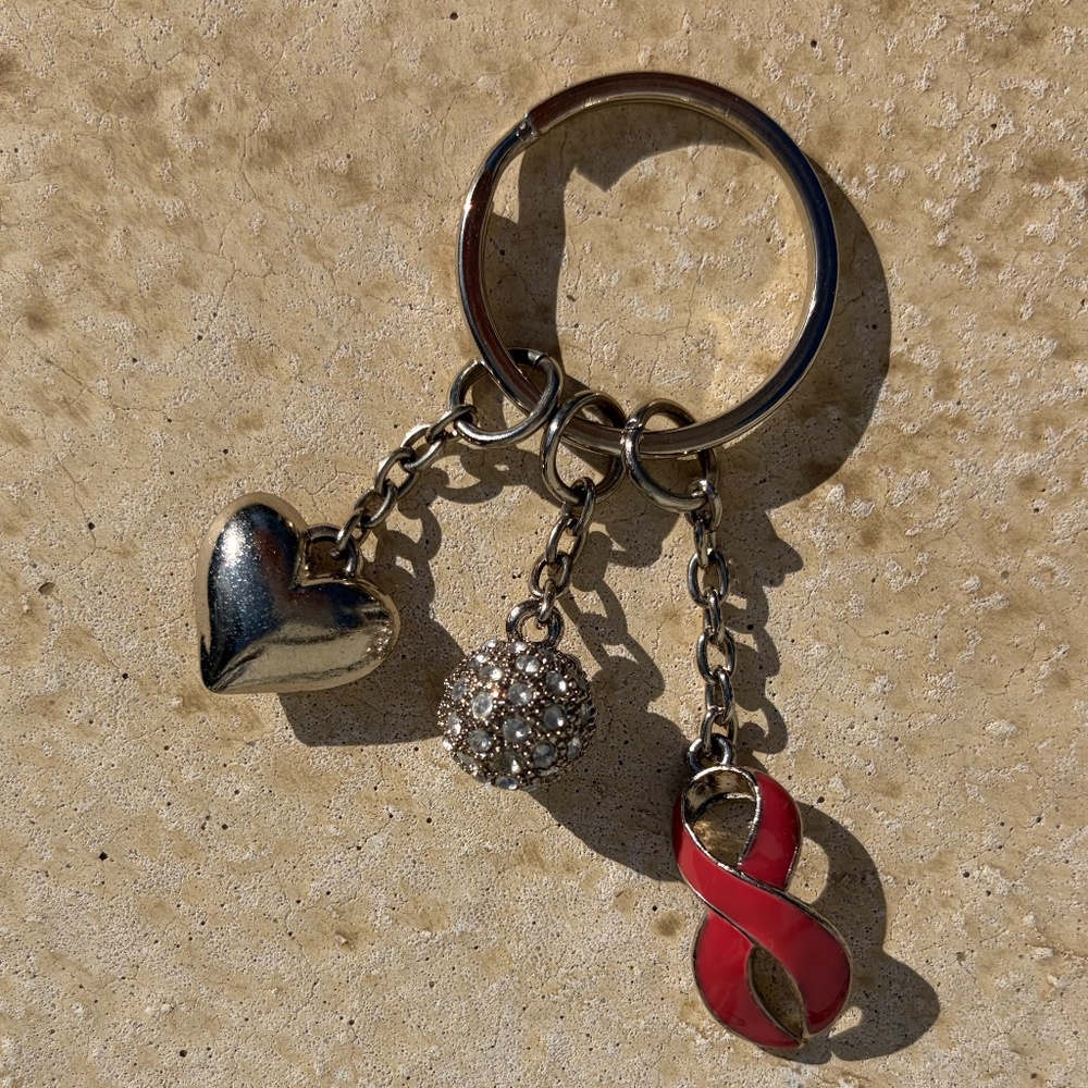 keychain bag charm silver heart, pink ribbon, rhinestone sphere